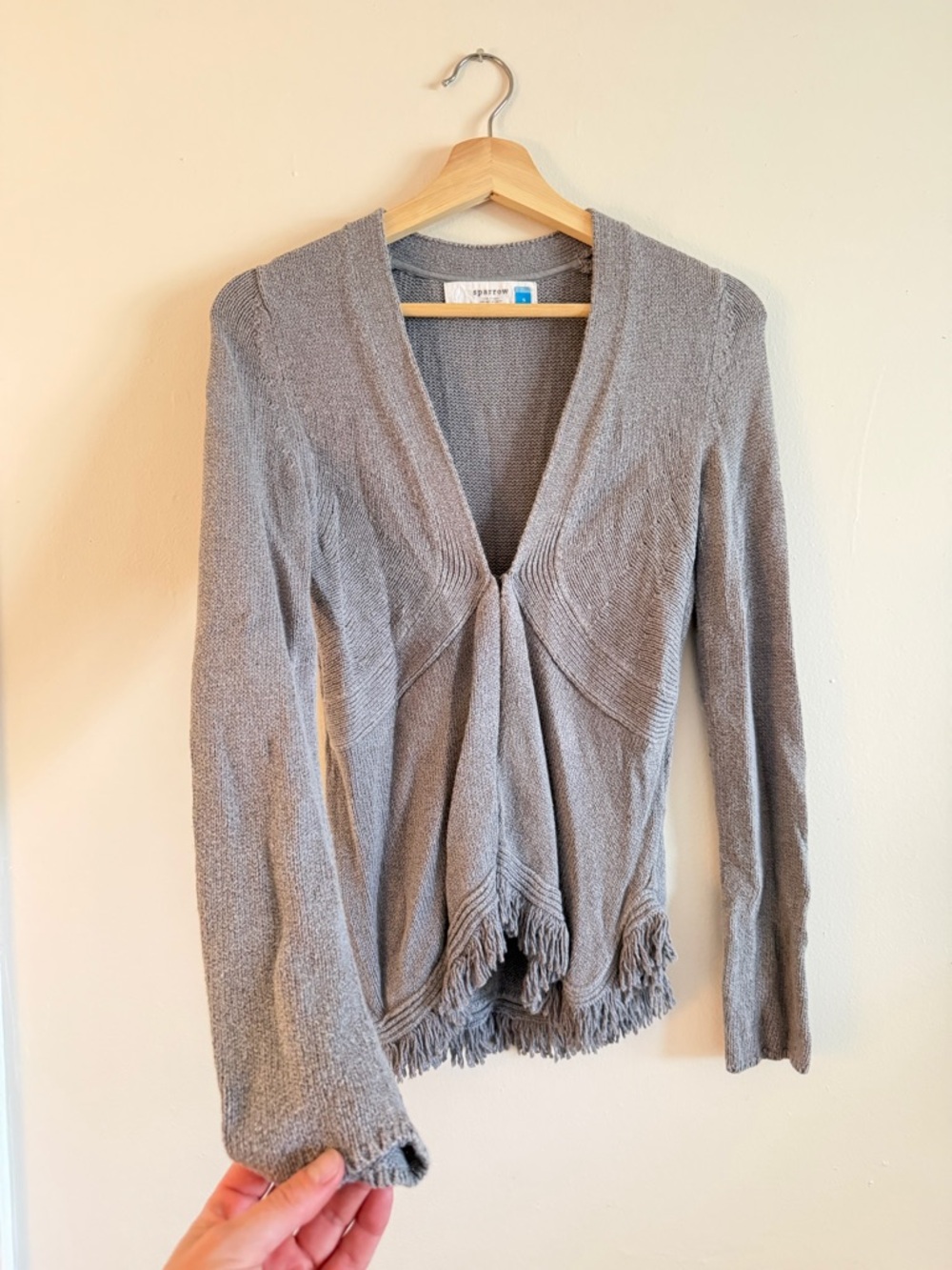 Sparrow Anthropology Gray Fringe Hem Knit Women's Sweater Cardigan